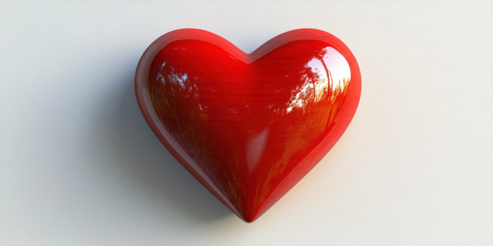 Red heart sculpture placed on a light surface showcasing smooth texture and vibrant color with reflections of surrounding light